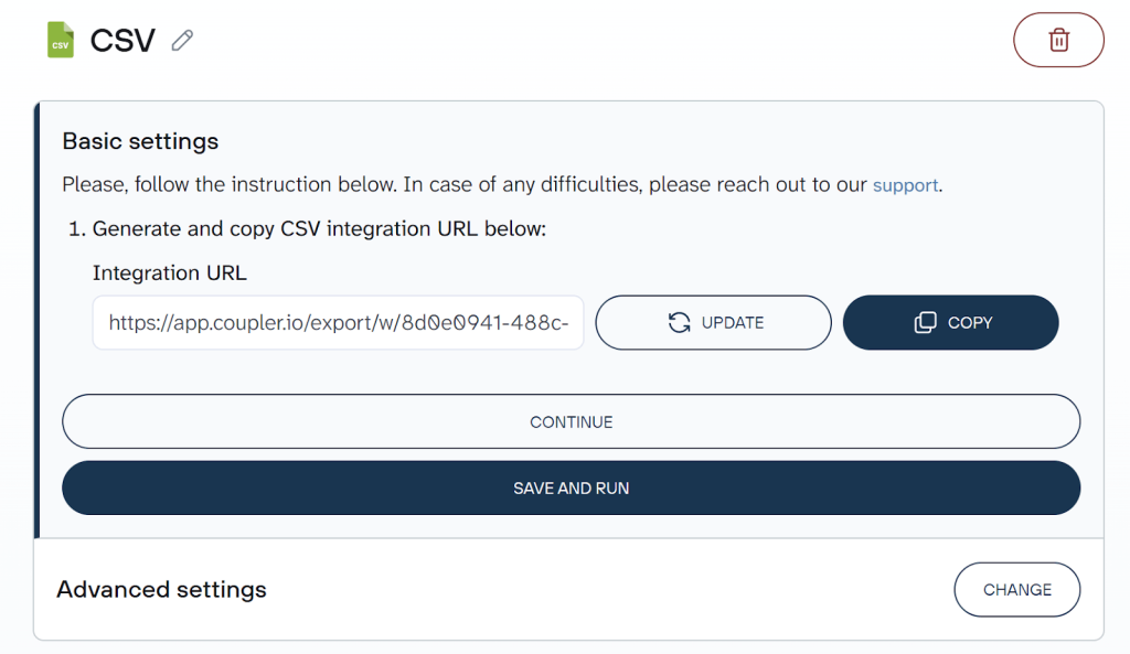 Basic destination settings for exporting data to a CSV with Coupler.io