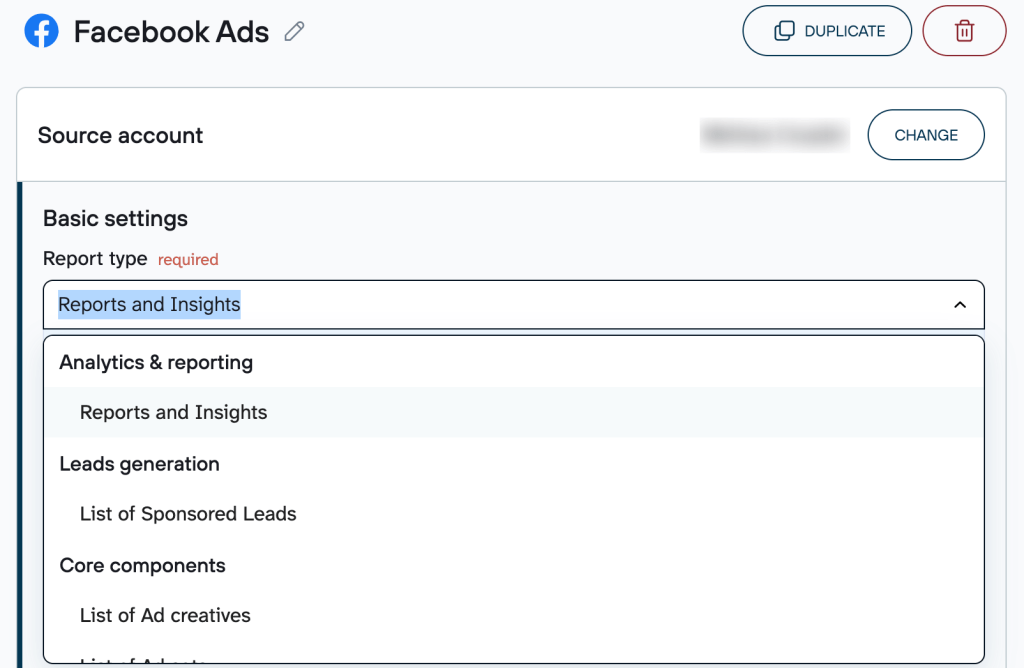 1. Facebook Ads source settings in Coupler.io