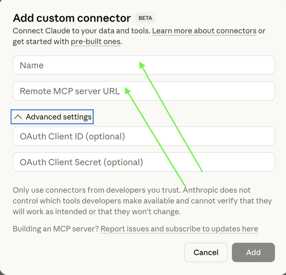 Add custom connector dialog in Claude