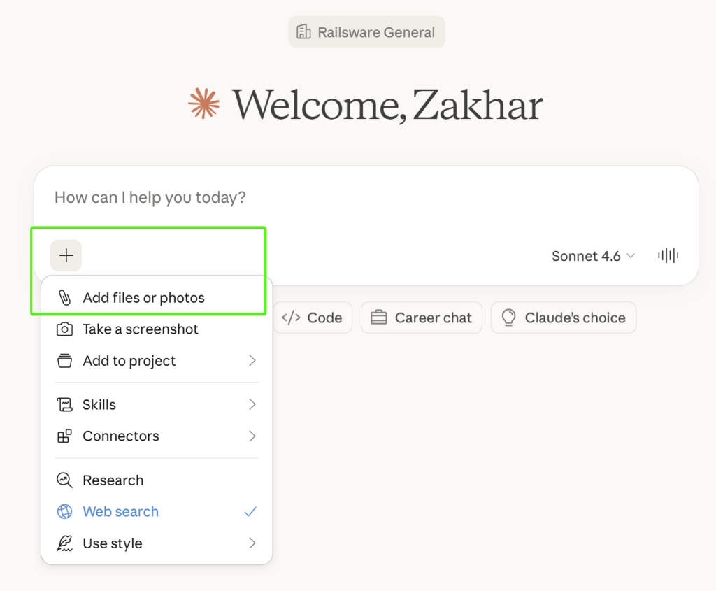 Plus button menu showing options to upload files in Claude