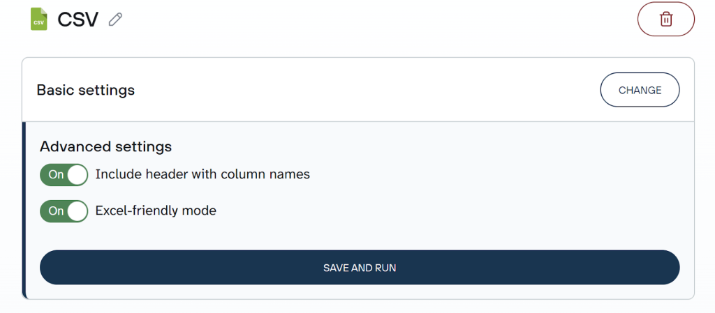 Advanced destination settings for exporting data to a CSV with Coupler.io