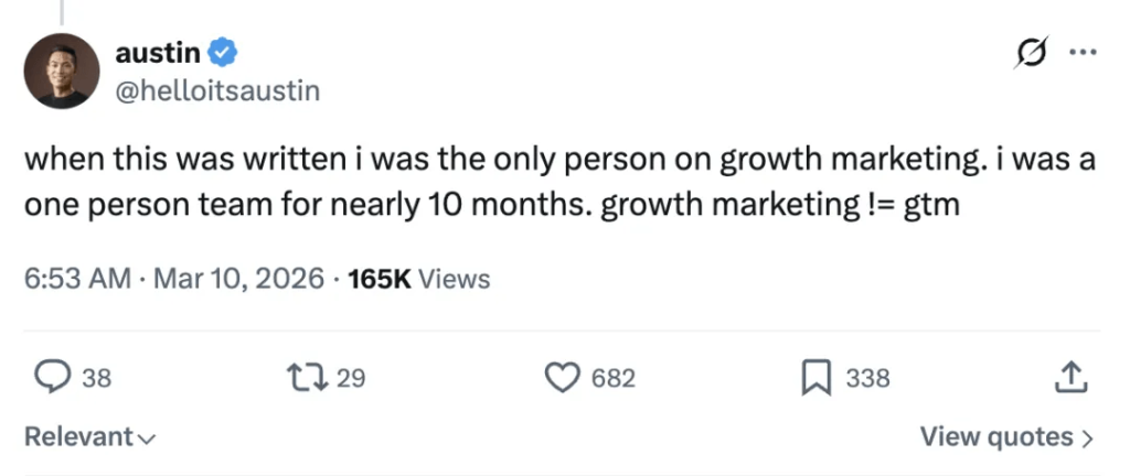 austin lau twitter x post claude code one person marketing team