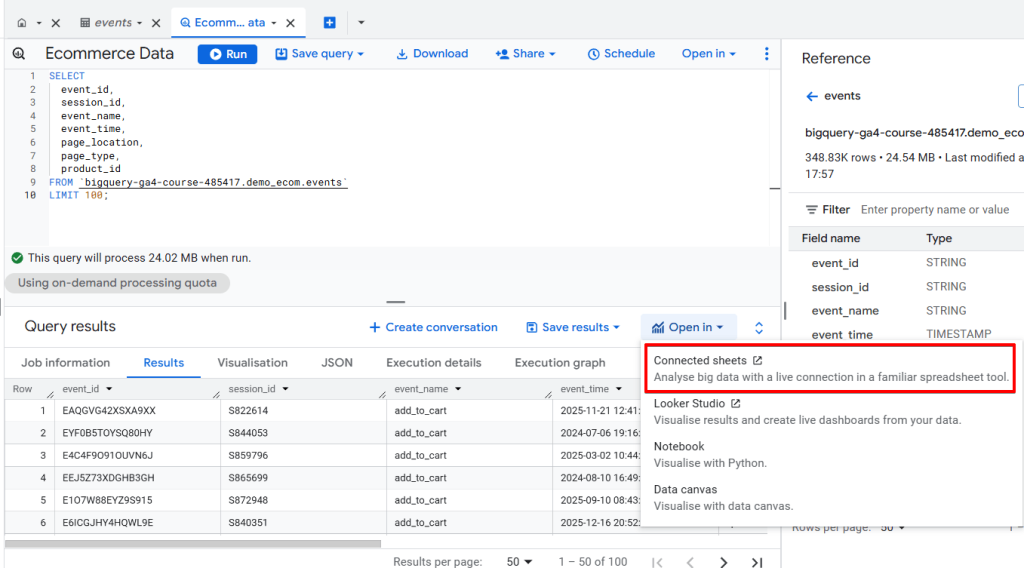 exporting bigquery results to google sheets