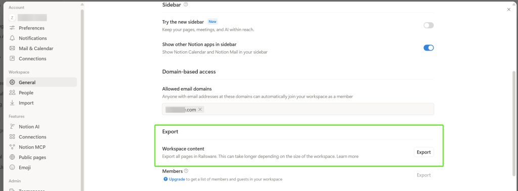 export notion workspace content