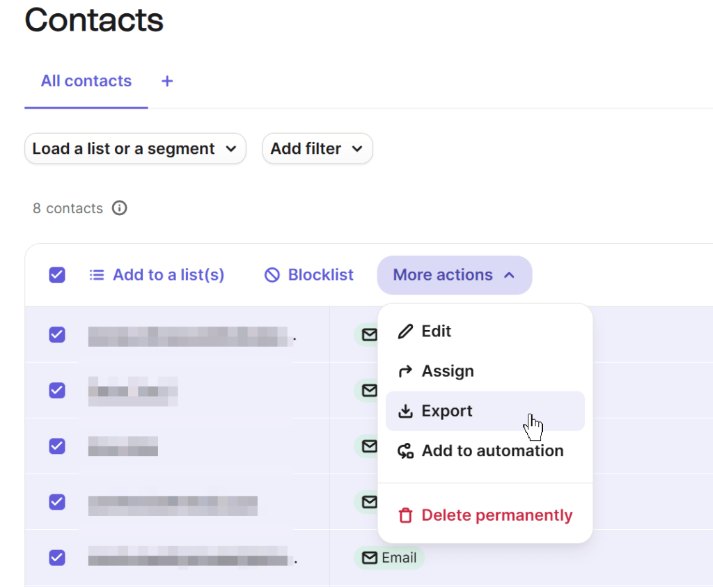 brevo contacts export