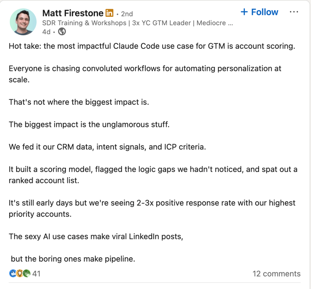 matt firestone linkedin post claude code marketing use case account scoring