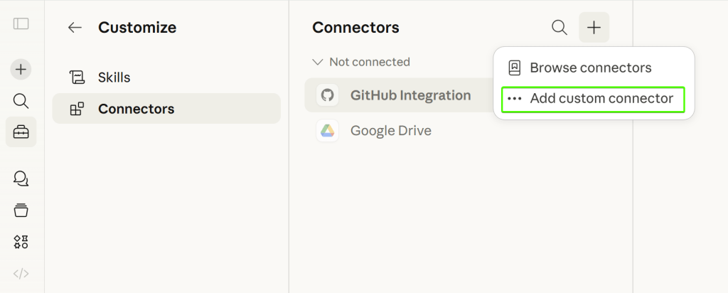 add custom connector claude