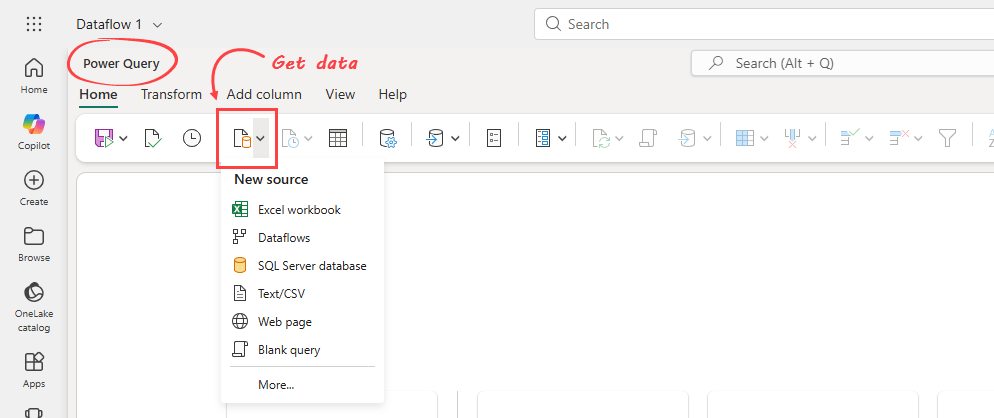 The Get Data button in Power Query Online