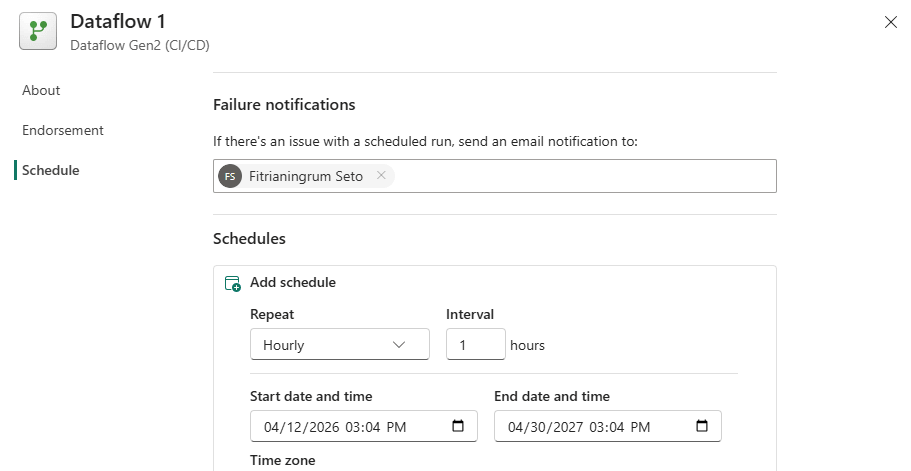 Setting up a refresh schedule for the dataflow