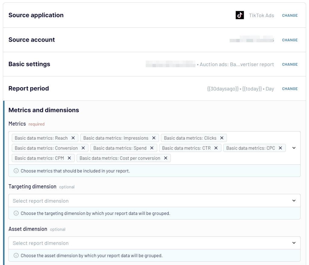 TikTok Ads source settings in Coupler.io