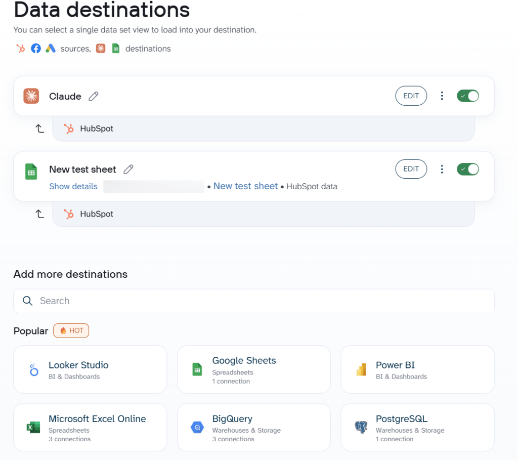 hubspot claude multiple destinations