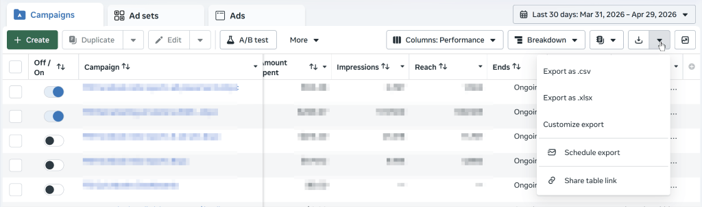 Manually exporting Facebook Ads data