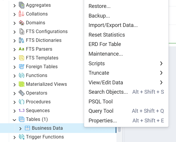 pdAdmin table import