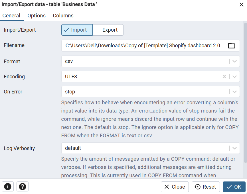 Configure import settings