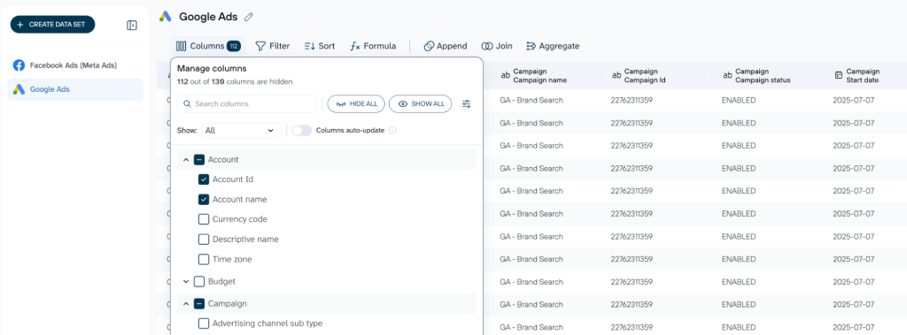 google ads columns